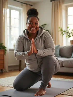 Joyful woman stretching at sunrise